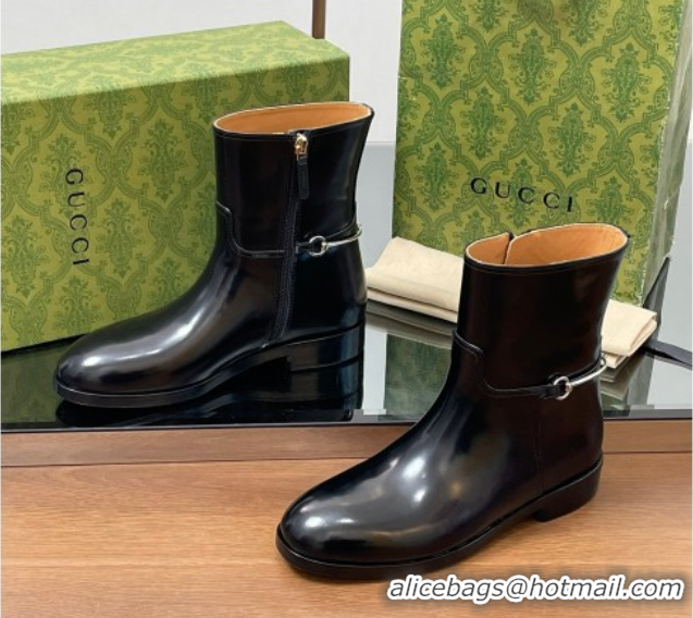 Top Grade Gucci Shiny Leather Flat Ankle Boots with Slim Horsebit Black 2025 805312
