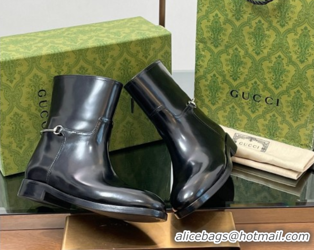 Top Grade Gucci Shiny Leather Flat Ankle Boots with Slim Horsebit Black 2025 805312