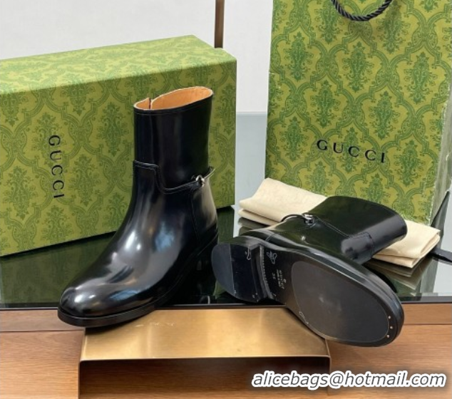 Top Grade Gucci Shiny Leather Flat Ankle Boots with Slim Horsebit Black 2025 805312
