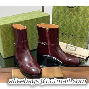 Best Price Gucci Shiny Leather Flat Ankle Boots with Slim Horsebit Burgundy 2025 805312
