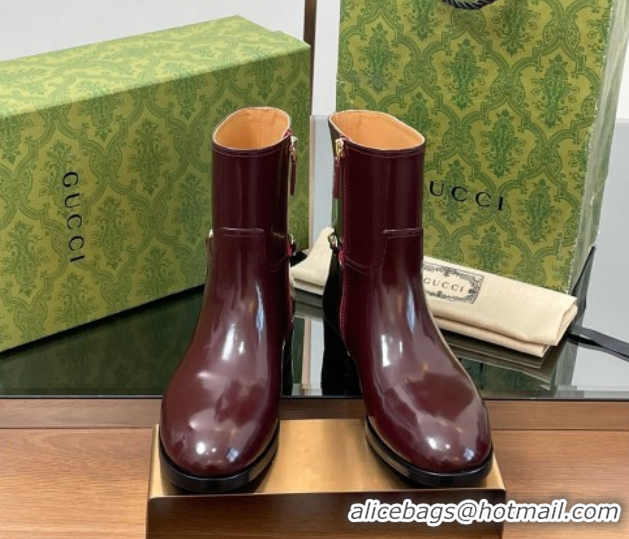 Best Price Gucci Shiny Leather Flat Ankle Boots with Slim Horsebit Burgundy 2025 805312