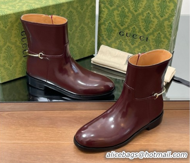 Best Price Gucci Shiny Leather Flat Ankle Boots with Slim Horsebit Burgundy 2025 805312