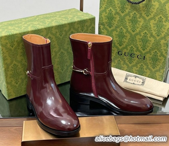 Best Price Gucci Shiny Leather Flat Ankle Boots with Slim Horsebit Burgundy 2025 805312