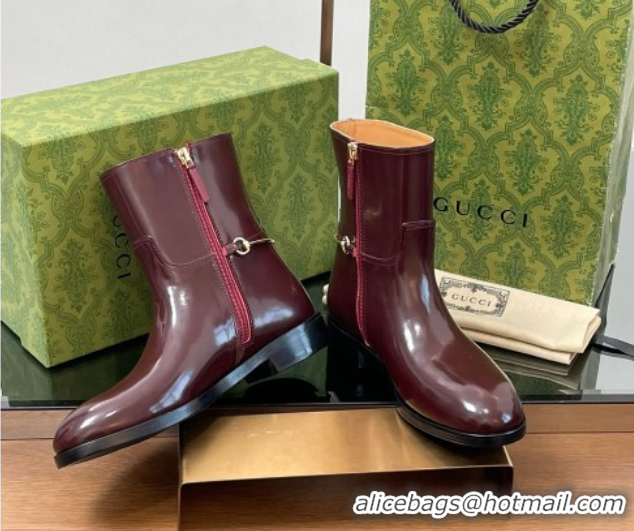 Best Price Gucci Shiny Leather Flat Ankle Boots with Slim Horsebit Burgundy 2025 805312