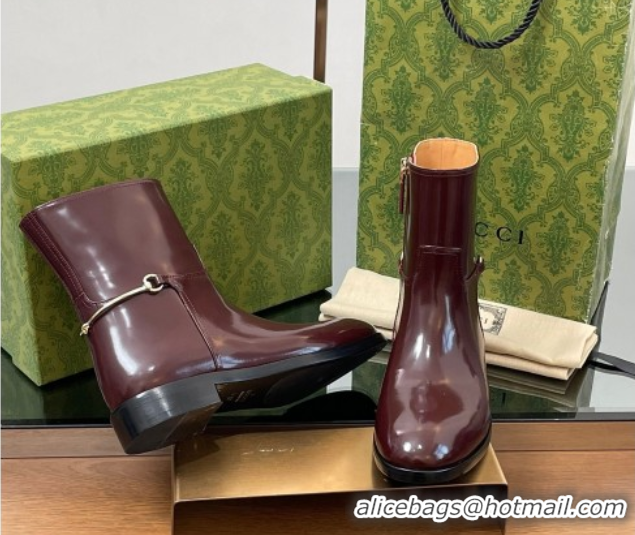 Best Price Gucci Shiny Leather Flat Ankle Boots with Slim Horsebit Burgundy 2025 805312