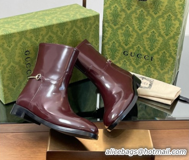 Best Price Gucci Shiny Leather Flat Ankle Boots with Slim Horsebit Burgundy 2025 805312