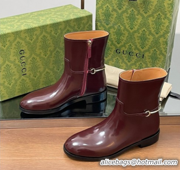 Best Price Gucci Shiny Leather Flat Ankle Boots with Slim Horsebit Burgundy 2025 805312