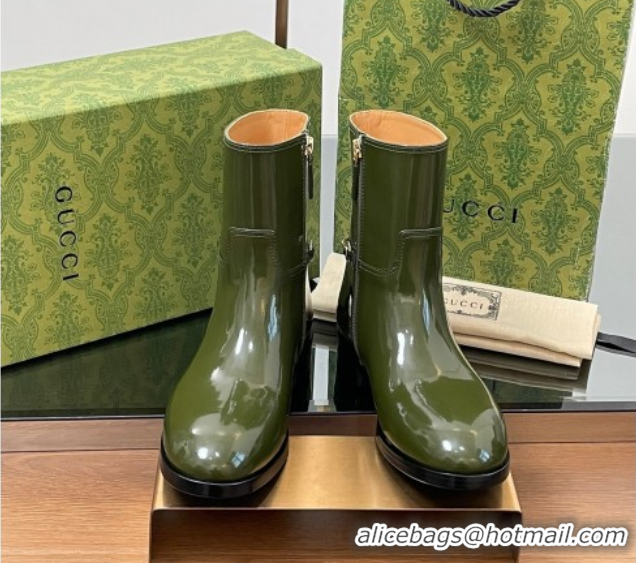 Pretty Style Gucci Shiny Leather Flat Ankle Boots with Slim Horsebit Green 2025 805312