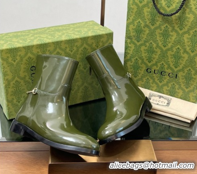 Pretty Style Gucci Shiny Leather Flat Ankle Boots with Slim Horsebit Green 2025 805312