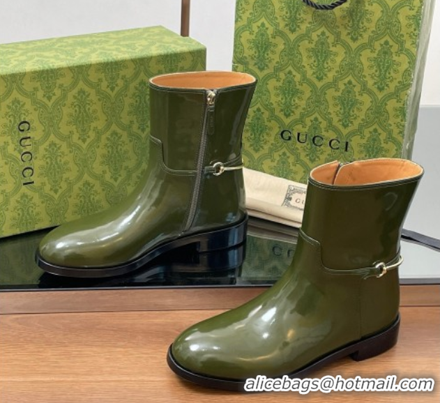 Pretty Style Gucci Shiny Leather Flat Ankle Boots with Slim Horsebit Green 2025 805312
