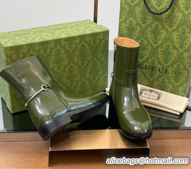 Pretty Style Gucci Shiny Leather Flat Ankle Boots with Slim Horsebit Green 2025 805312