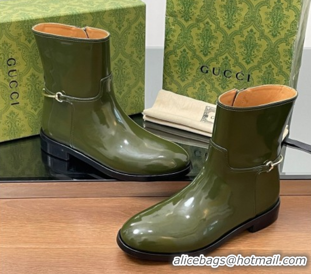 Pretty Style Gucci Shiny Leather Flat Ankle Boots with Slim Horsebit Green 2025 805312