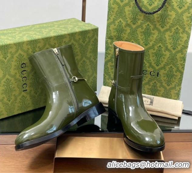Pretty Style Gucci Shiny Leather Flat Ankle Boots with Slim Horsebit Green 2025 805312