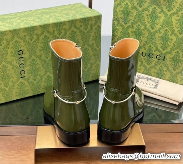 Pretty Style Gucci Shiny Leather Flat Ankle Boots with Slim Horsebit Green 2025 805312