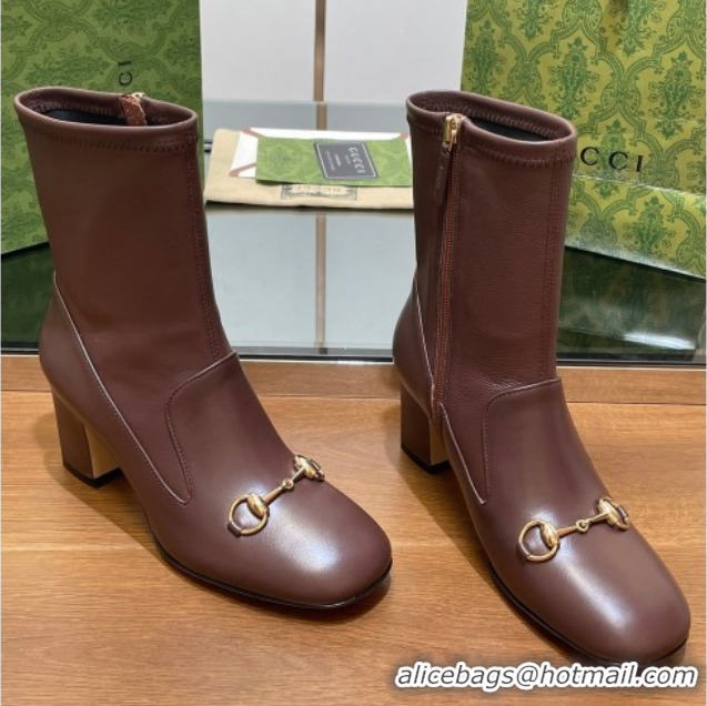 Best Grade Gucci Leather Heel Ankle Boots 9.5cm with Horsebit Brown 2025 794334