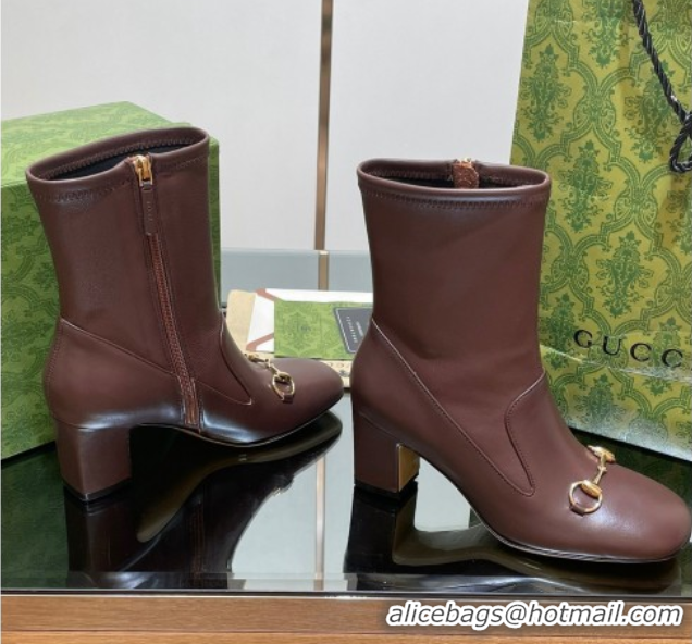 Best Grade Gucci Leather Heel Ankle Boots 9.5cm with Horsebit Brown 2025 794334