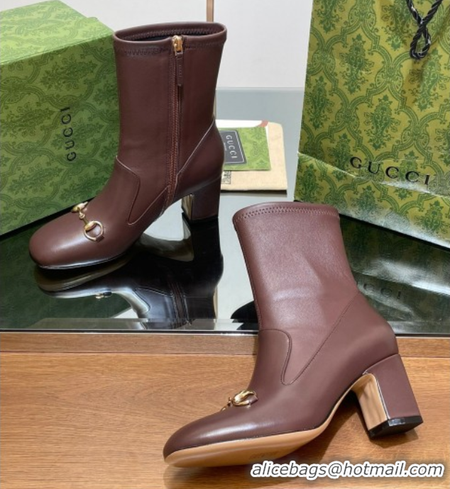 Best Grade Gucci Leather Heel Ankle Boots 9.5cm with Horsebit Brown 2025 794334