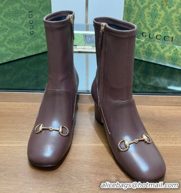 Best Grade Gucci Leather Heel Ankle Boots 9.5cm with Horsebit Brown 2025 794334