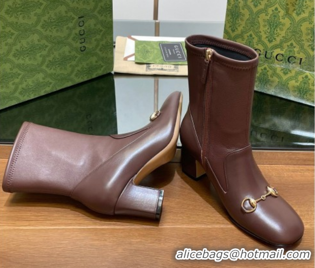 Best Grade Gucci Leather Heel Ankle Boots 9.5cm with Horsebit Brown 2025 794334