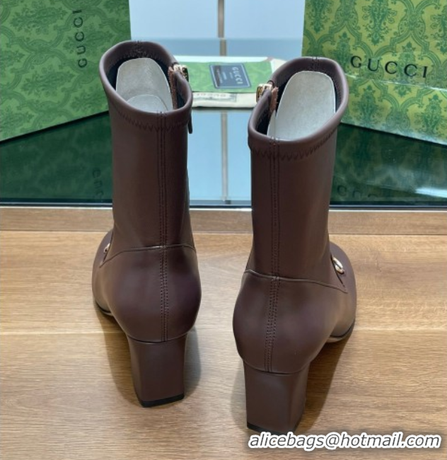 Best Grade Gucci Leather Heel Ankle Boots 9.5cm with Horsebit Brown 2025 794334