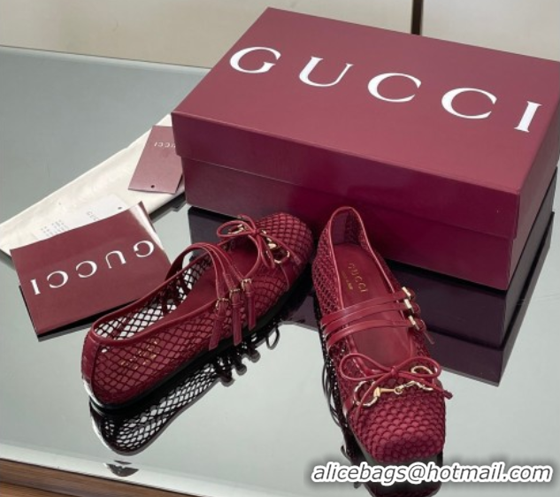 Luxurious Gucci Mesh Ballet Flats with Horsebit Red 835077