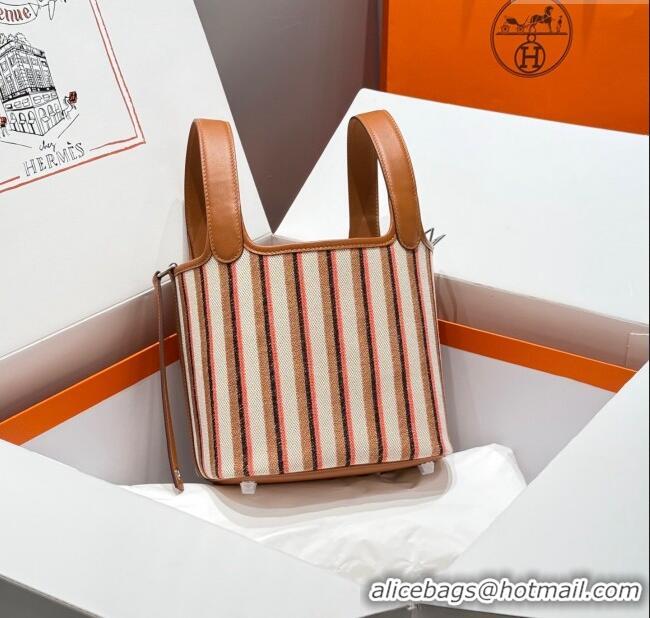 Promotional Hermes Picotin Lock Mini Bag 18cm in Striped Canvas and Calfskin H9038 Brown 2025 (Half Handmade)