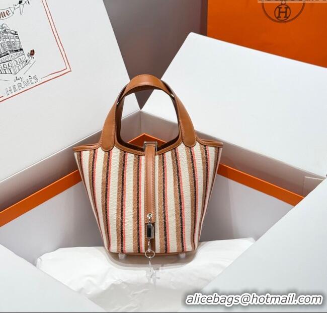 Promotional Hermes Picotin Lock Mini Bag 18cm in Striped Canvas and Calfskin H9038 Brown 2025 (Half Handmade)