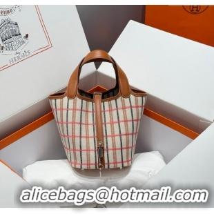 Top Quality Hermes Picotin Lock Mini Bag 18cm in Plaid Canvas and Calfskin H9038 Brown 2025 (Half Handmade)