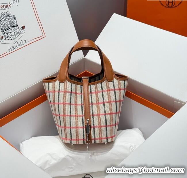 Top Quality Hermes Picotin Lock Mini Bag 18cm in Plaid Canvas and Calfskin H9038 Brown 2025 (Half Handmade)
