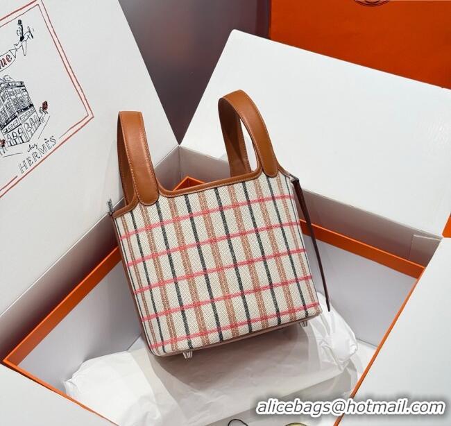 Top Quality Hermes Picotin Lock Mini Bag 18cm in Plaid Canvas and Calfskin H9038 Brown 2025 (Half Handmade)