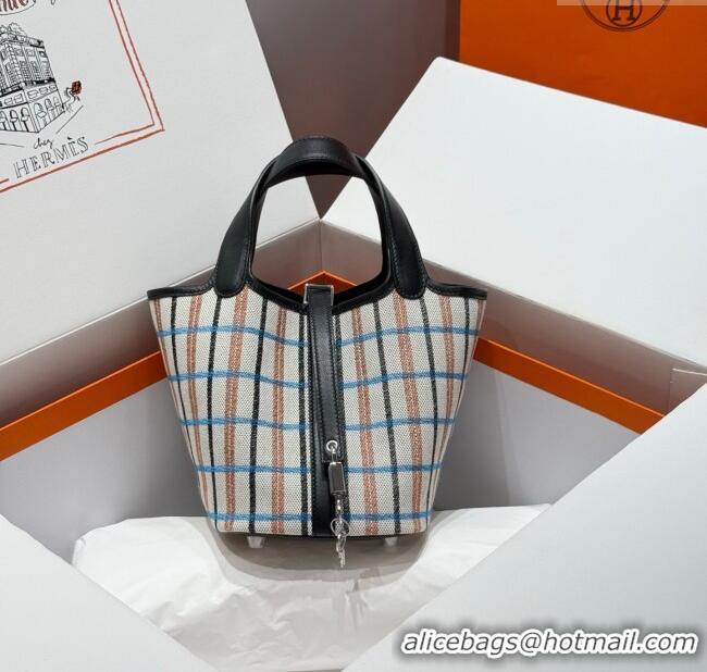 Inexpensive Hermes Picotin Lock Mini Bag 18cm in Plaid Canvas and Calfskin H9038 Black/Silver 2025 (Half Handmade)