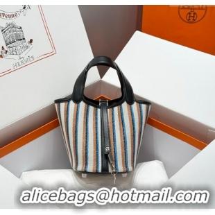 Good Product Hermes Picotin Lock Mini Bag 18cm in Striped Canvas and Calfskin H9039 Black/Silver 2025 (Half Handmade)