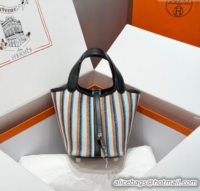 Good Product Hermes Picotin Lock Mini Bag 18cm in Striped Canvas and Calfskin H9039 Black/Silver 2025 (Half Handmade)