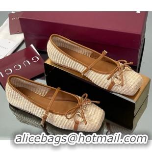 Fashion Gucci Raffia Straw Crochet Ballet Flats with Horsebit Beige 832427