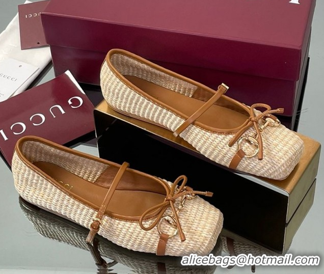 Fashion Gucci Raffia Straw Crochet Ballet Flats with Horsebit Beige 832427