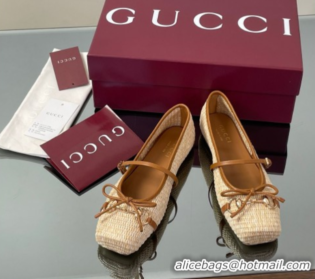 Fashion Gucci Raffia Straw Crochet Ballet Flats with Horsebit Beige 832427