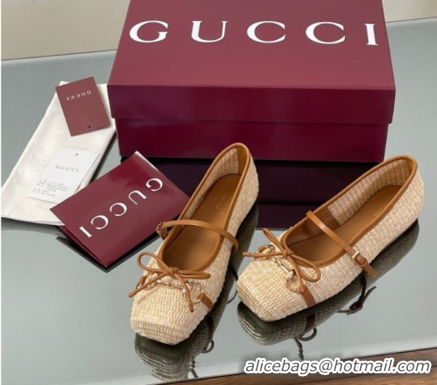 Fashion Gucci Raffia Straw Crochet Ballet Flats with Horsebit Beige 832427