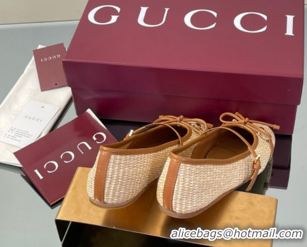 Fashion Gucci Raffia Straw Crochet Ballet Flats with Horsebit Beige 832427