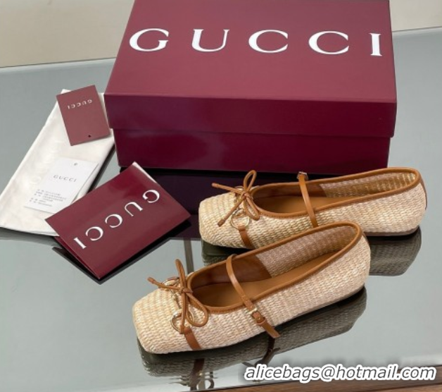 Fashion Gucci Raffia Straw Crochet Ballet Flats with Horsebit Beige 832427