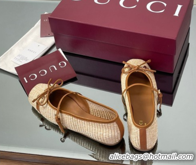 Fashion Gucci Raffia Straw Crochet Ballet Flats with Horsebit Beige 832427