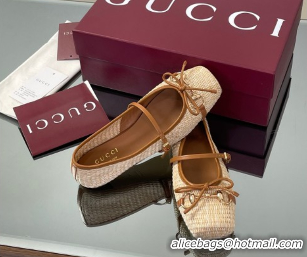 Fashion Gucci Raffia Straw Crochet Ballet Flats with Horsebit Beige 832427