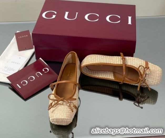 Fashion Gucci Raffia Straw Crochet Ballet Flats with Horsebit Beige 832427