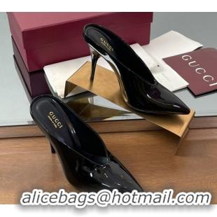 Stylish Gucci V Heel Mules 10.5cm in Patent Leather Black GG082801