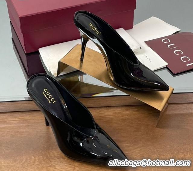 Stylish Gucci V Heel Mules 10.5cm in Patent Leather Black GG082801