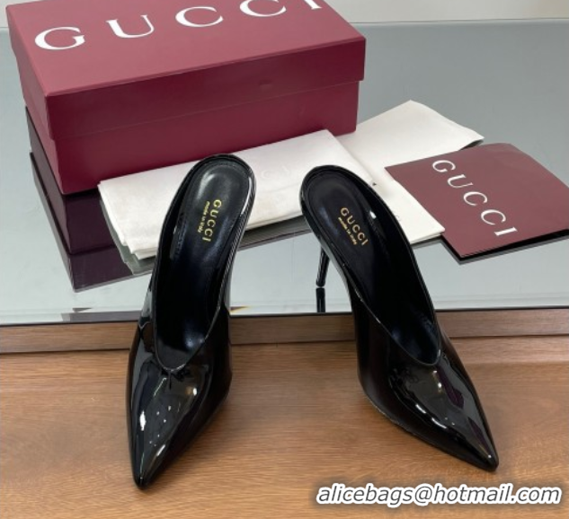 Stylish Gucci V Heel Mules 10.5cm in Patent Leather Black GG082801
