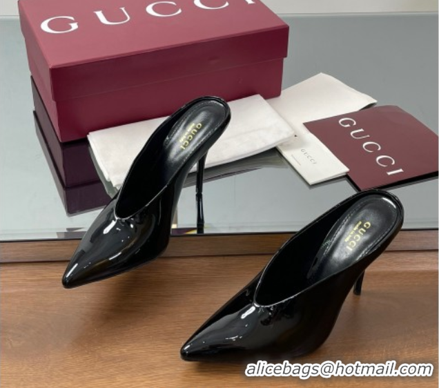 Stylish Gucci V Heel Mules 10.5cm in Patent Leather Black GG082801