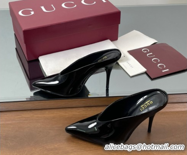 Stylish Gucci V Heel Mules 10.5cm in Patent Leather Black GG082801