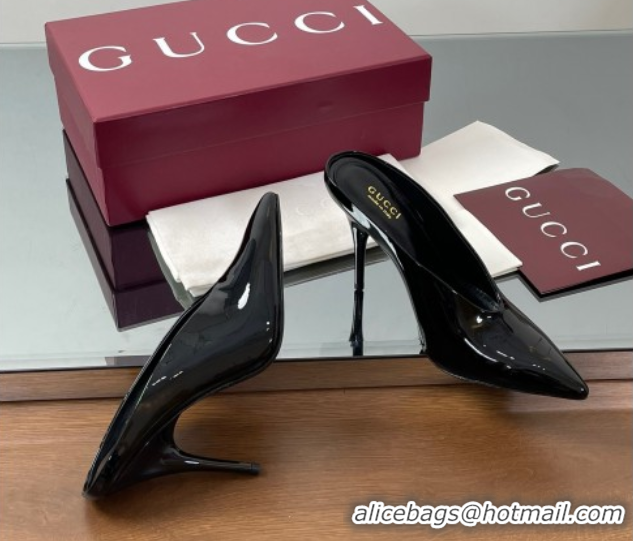Stylish Gucci V Heel Mules 10.5cm in Patent Leather Black GG082801