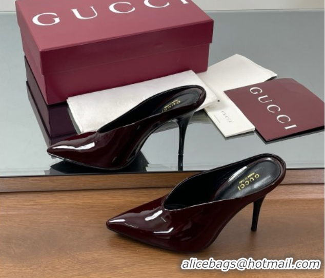 Shop Cheap Gucci V Heel Mules 10.5cm in Patent Leather Dark Burgundy GG082801