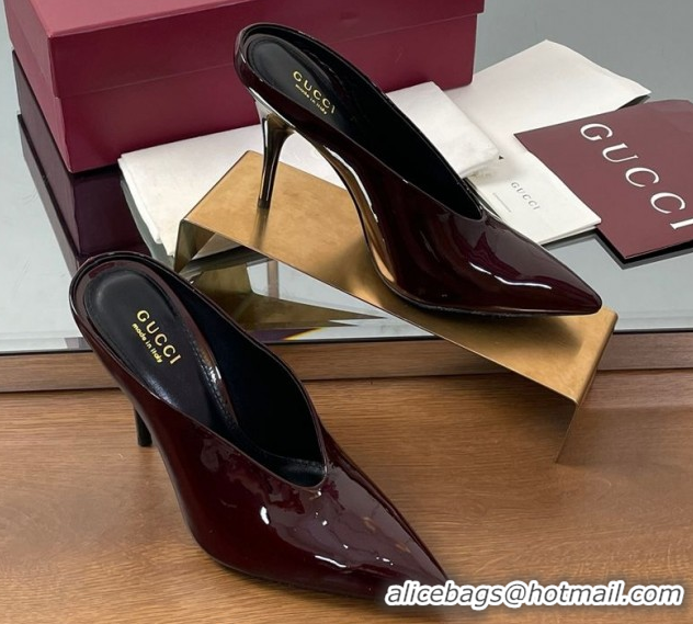 Shop Cheap Gucci V Heel Mules 10.5cm in Patent Leather Dark Burgundy GG082801